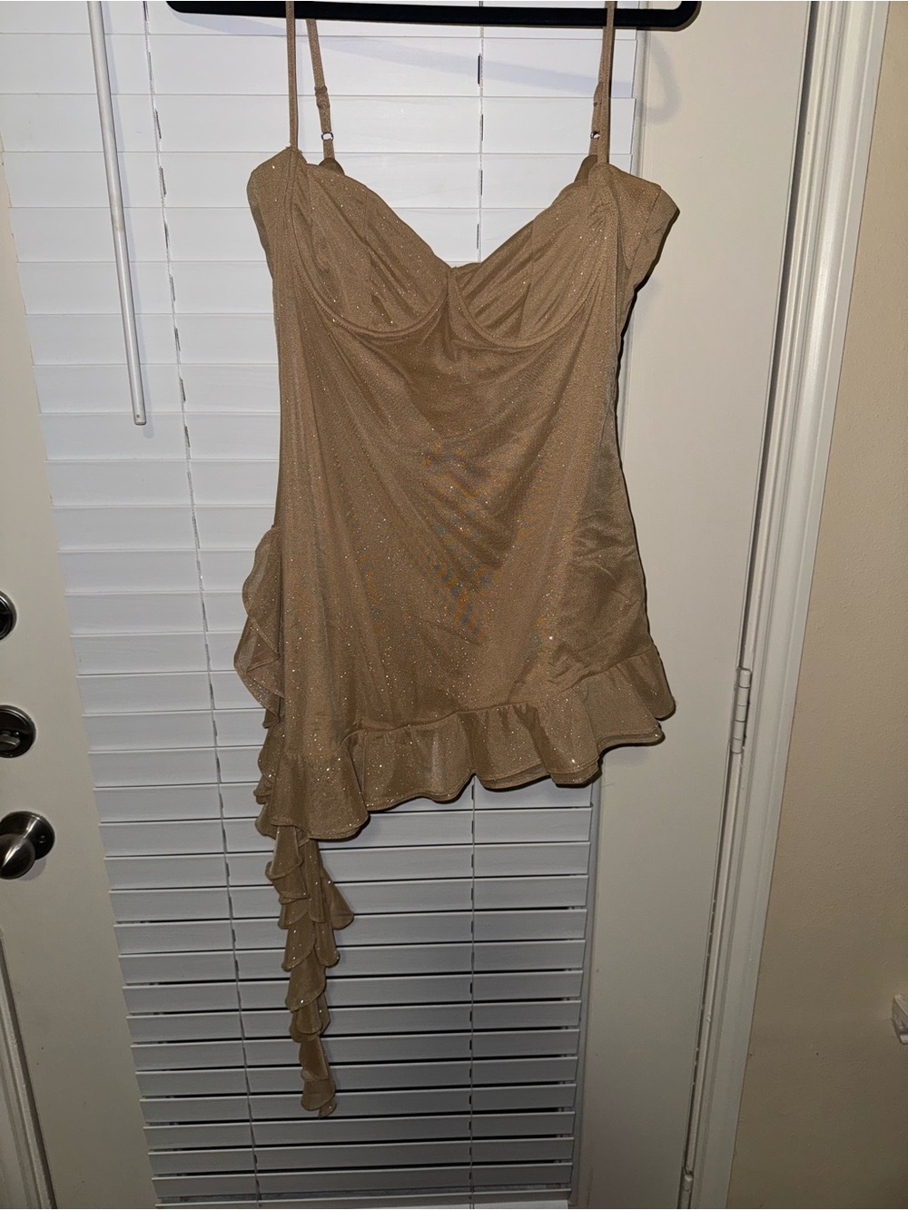 Sparkling Tan Ruffle-Hem Mini Dress